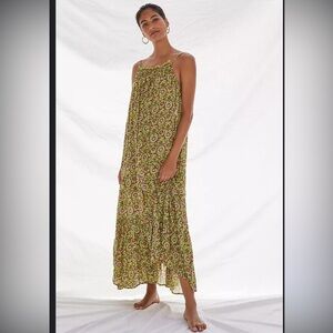 Anthropologie Flounced Lounge Dress Coverup Flowy Floral Citron Size M‎ maxi